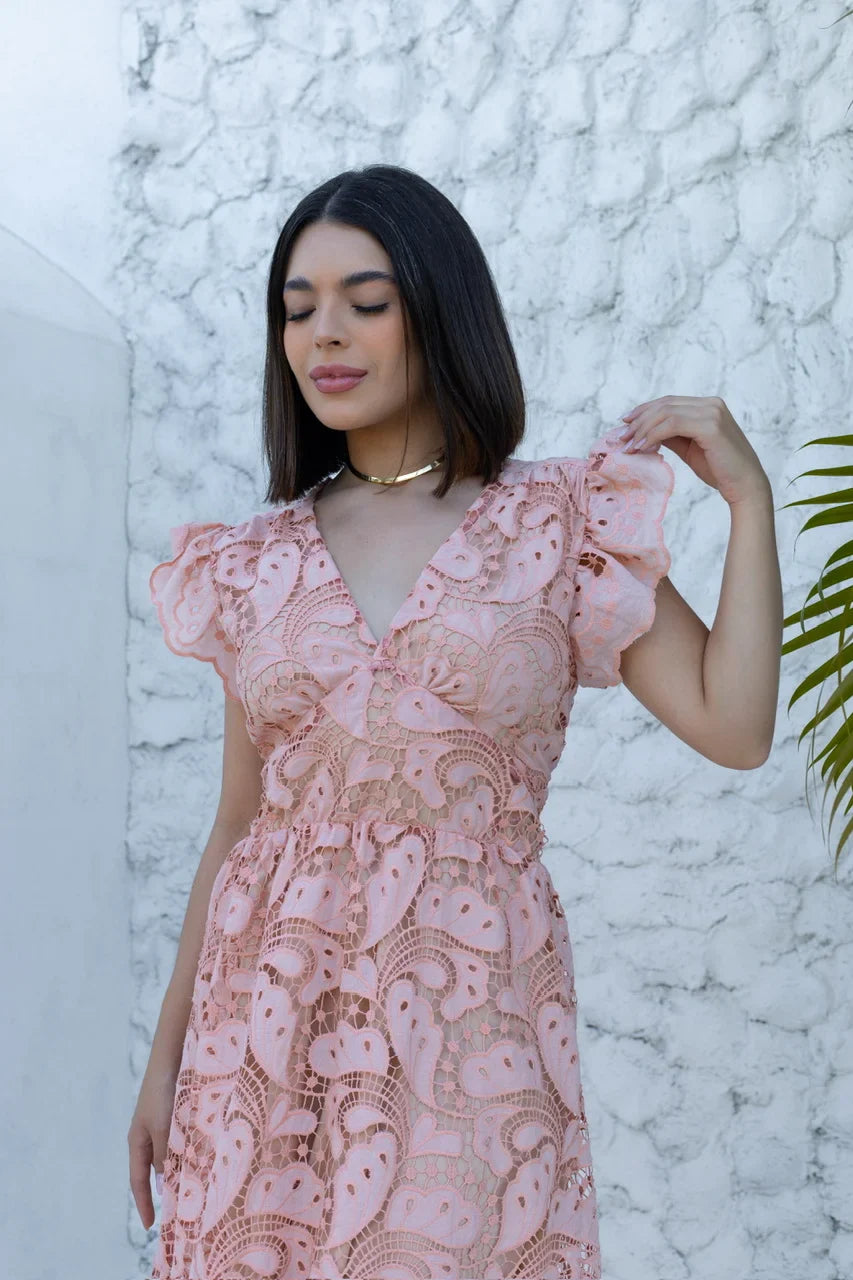 Vestido Glória Longo de Renda Peach