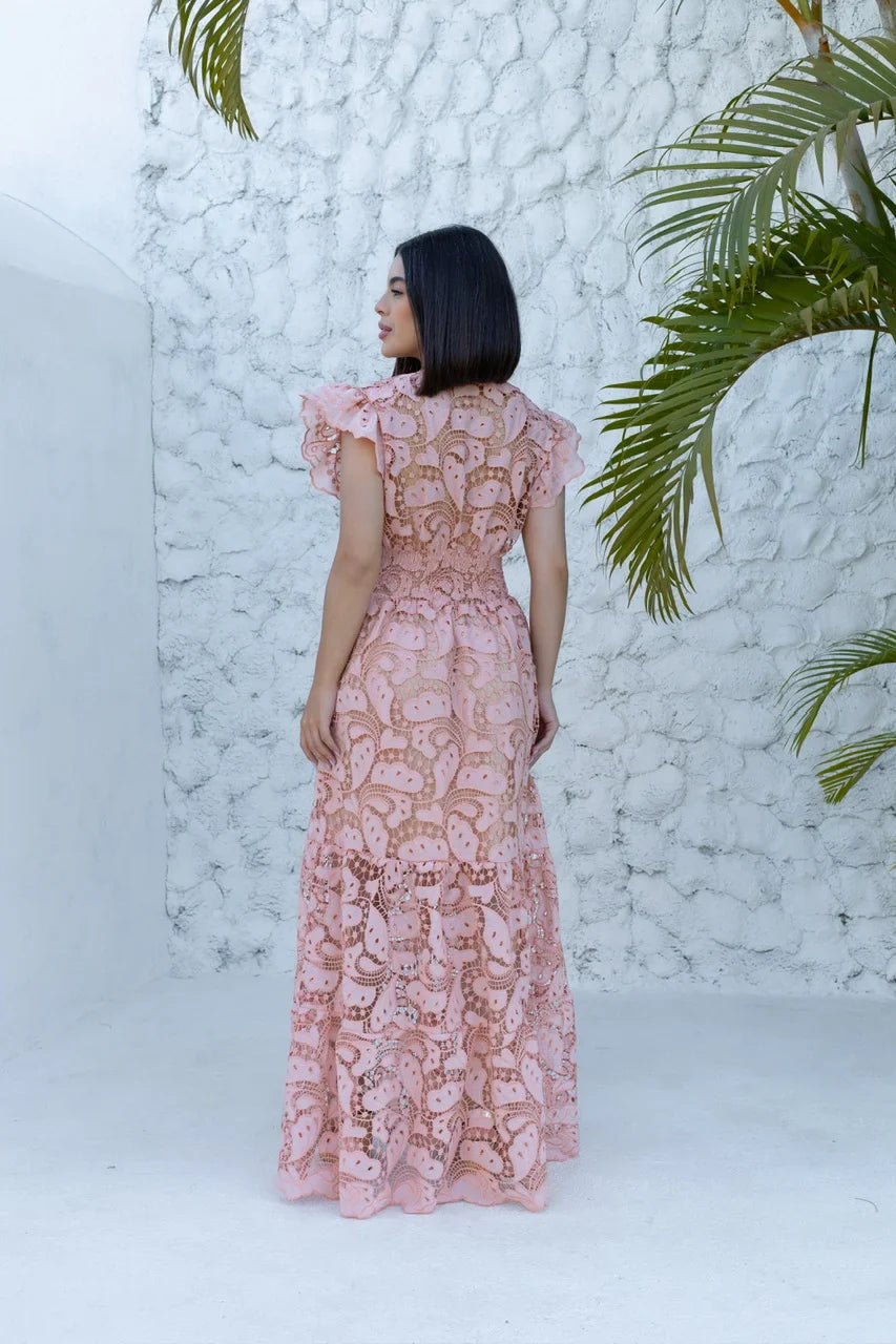 Vestido Glória Longo de Renda Peach