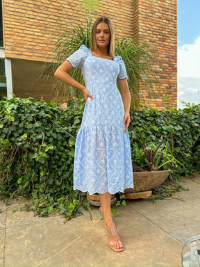 Vestido Midi Graça de Laise Bicolor Azul Celeste