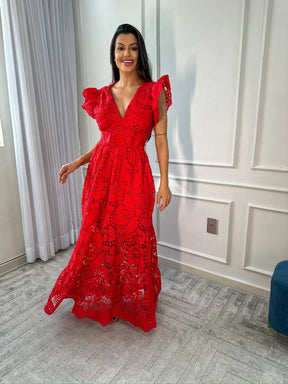 Vestido Gloria Longo de Renda Vermelho