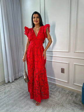 Vestido Gloria Longo de Renda Vermelho