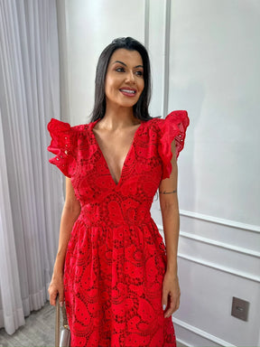 Vestido Gloria Longo de Renda Vermelho