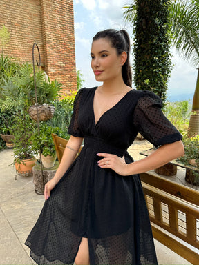 Vestido Vitória Manga 3/4 de Poá Preto