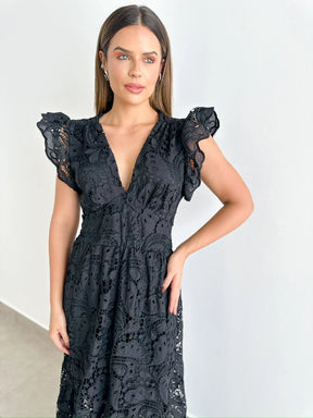 Vestido Glória Longo de Renda Preta