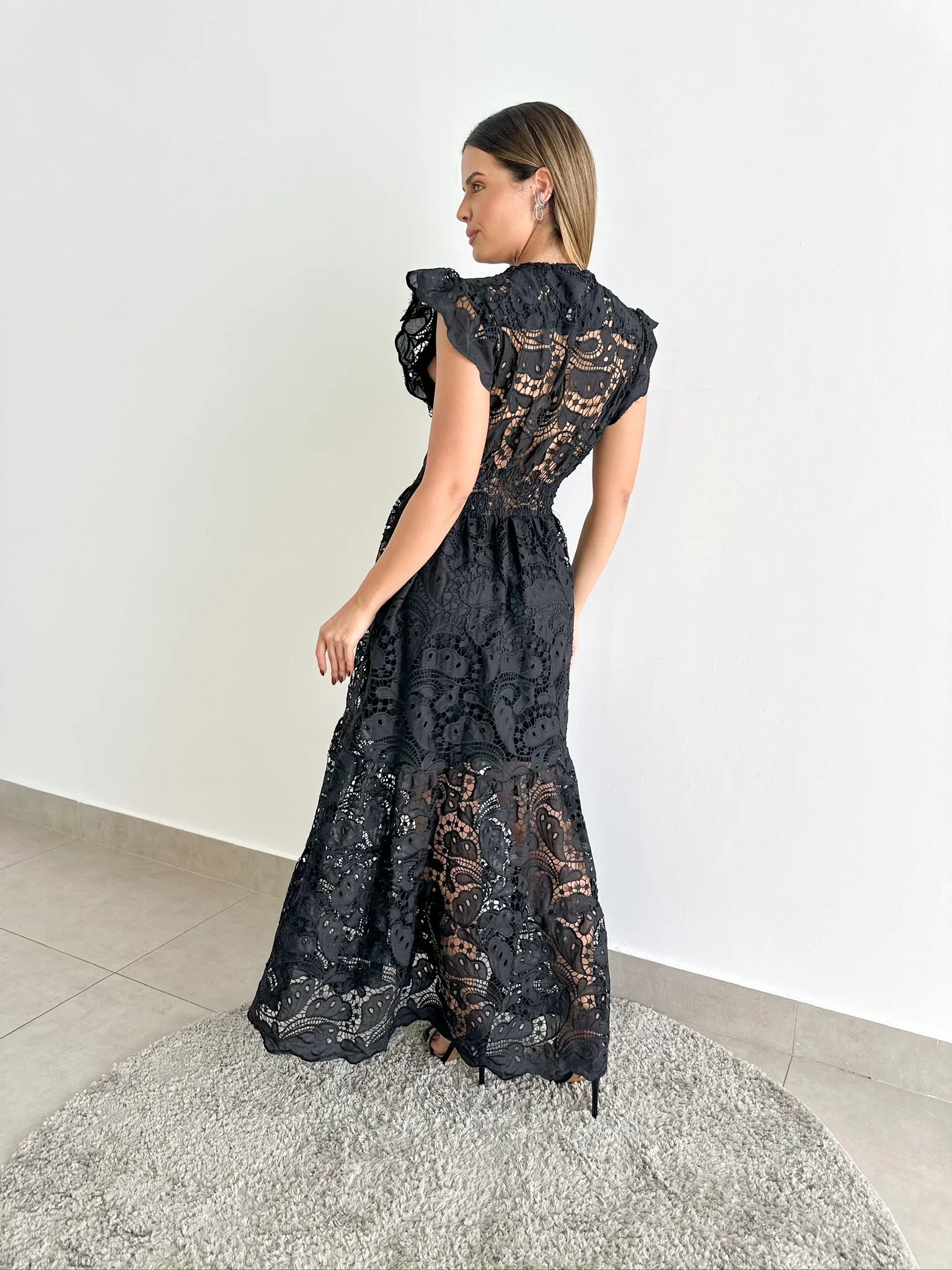 Vestido Glória Longo de Renda Preta