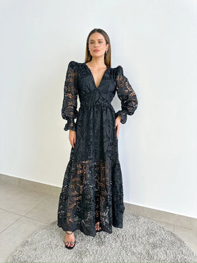 Vestido Glória Longo de Renda Manga bufante Preto