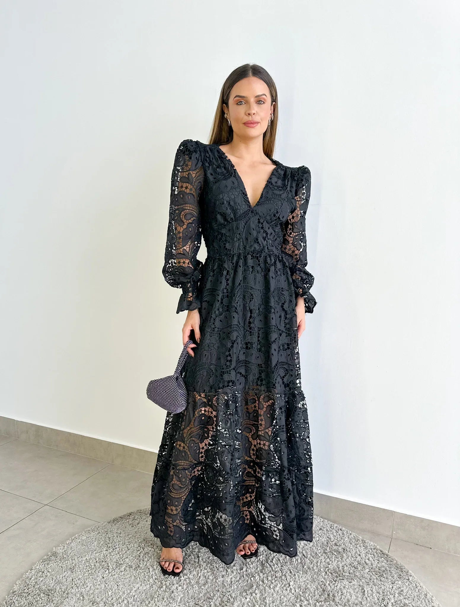 Vestido Glória Longo de Renda Manga bufante Preto