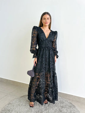 Vestido Glória Longo de Renda Manga bufante Preto