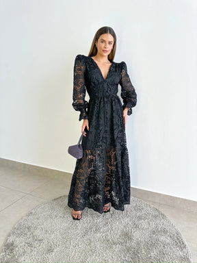 Vestido Glória Longo de Renda Manga bufante Preto