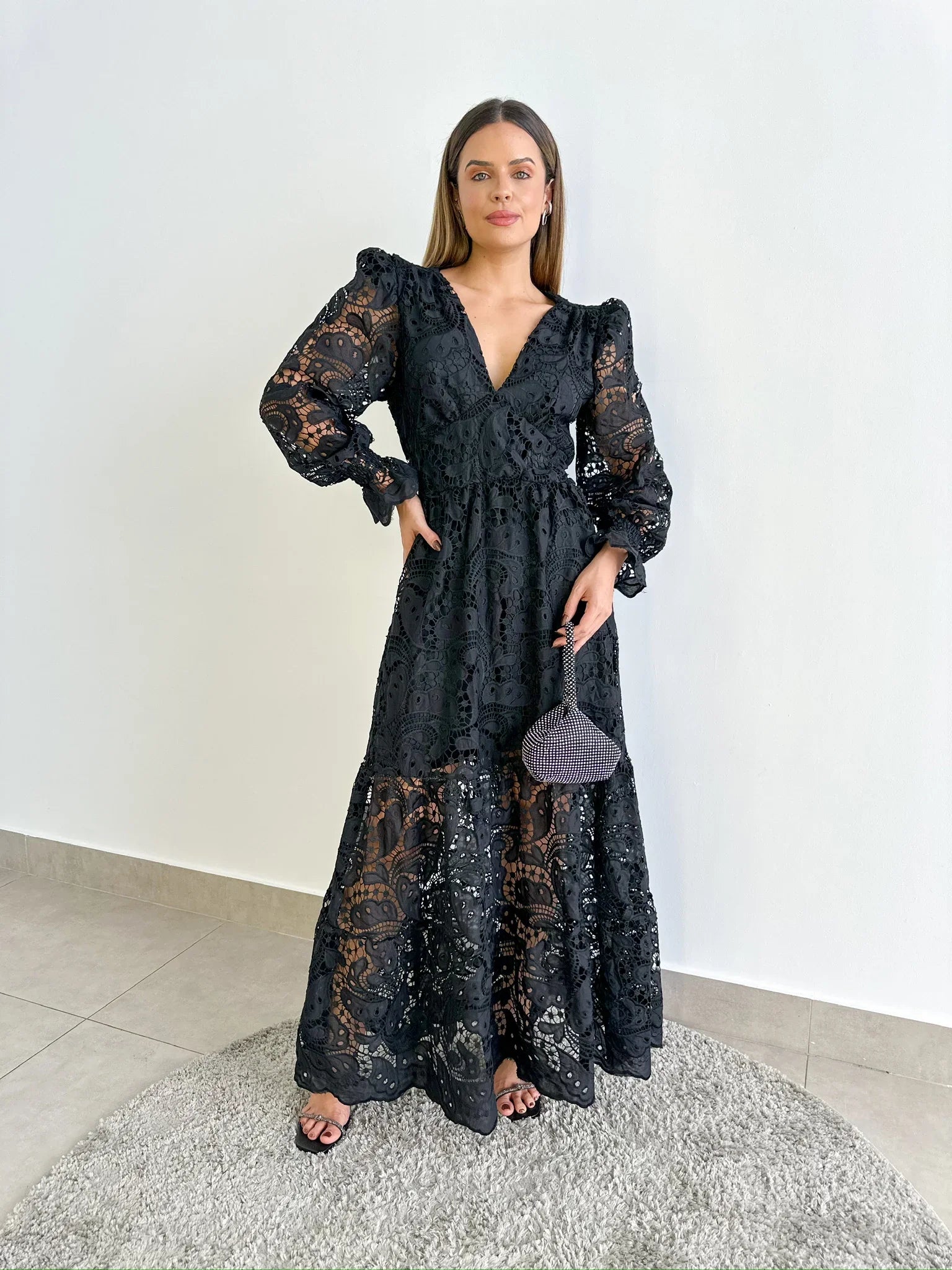 Vestido Glória Longo de Renda Manga bufante Preto