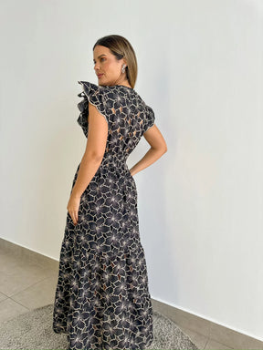 Vestido Glória Longo de Renda Bicolor Preta com Bege