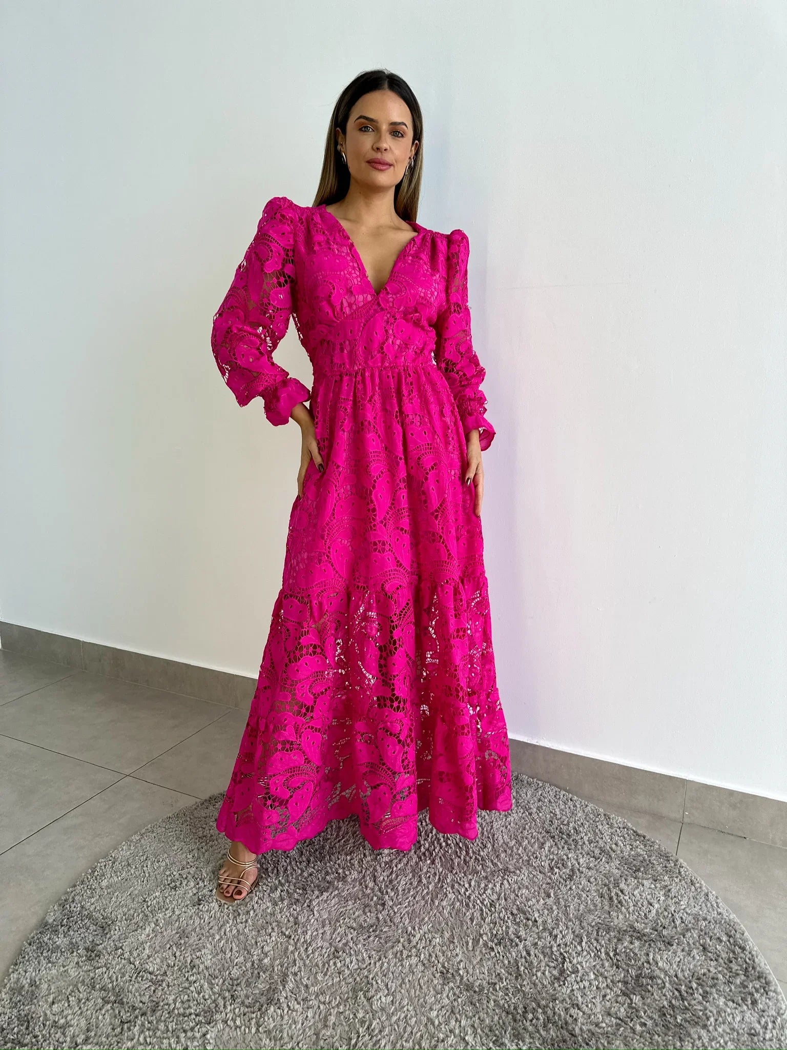 Vestido Glória Longo de Renda Manga bufante Pink