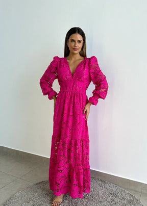 Vestido Glória Longo de Renda Manga bufante Pink