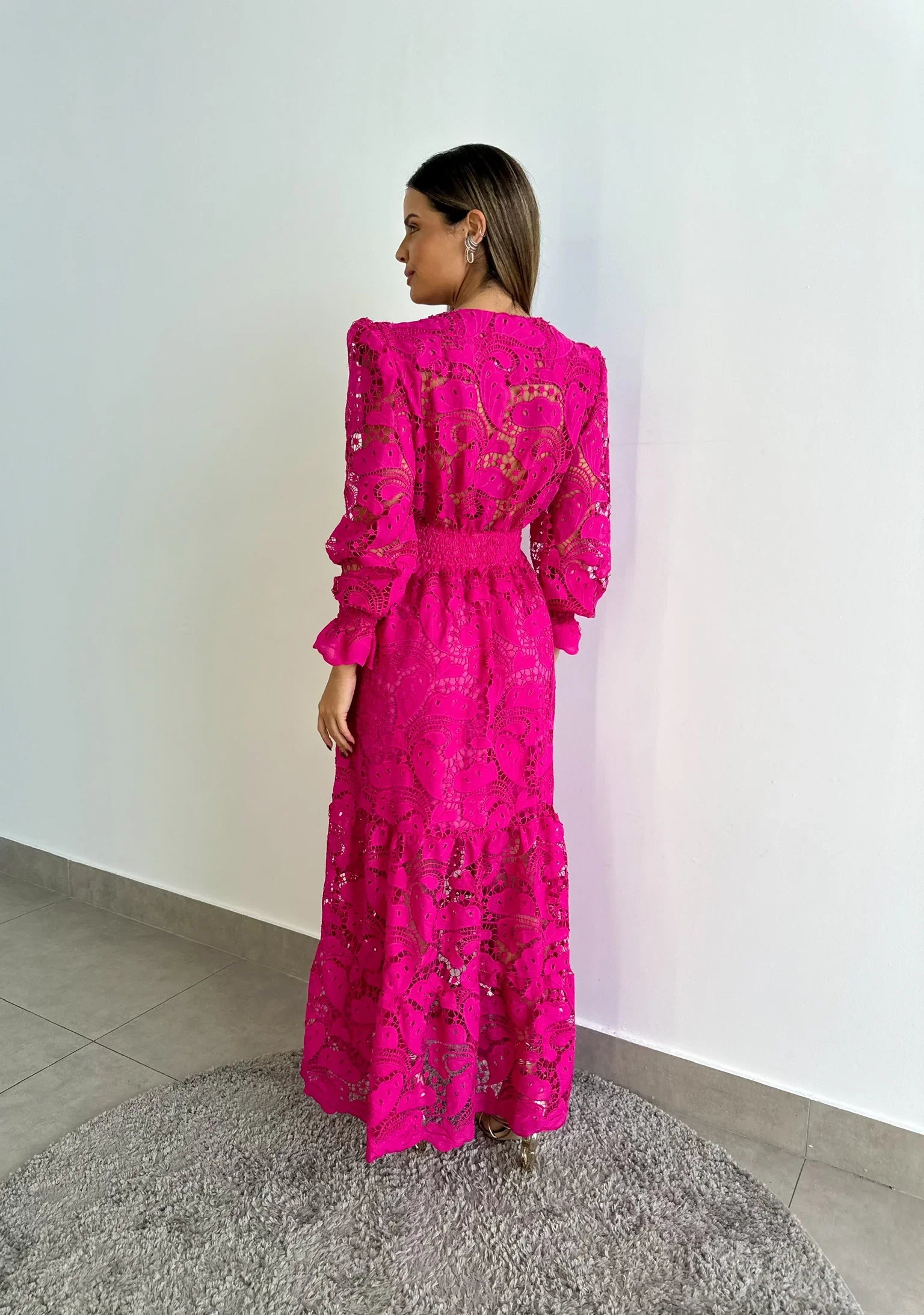 Vestido Glória Longo de Renda Manga bufante Pink