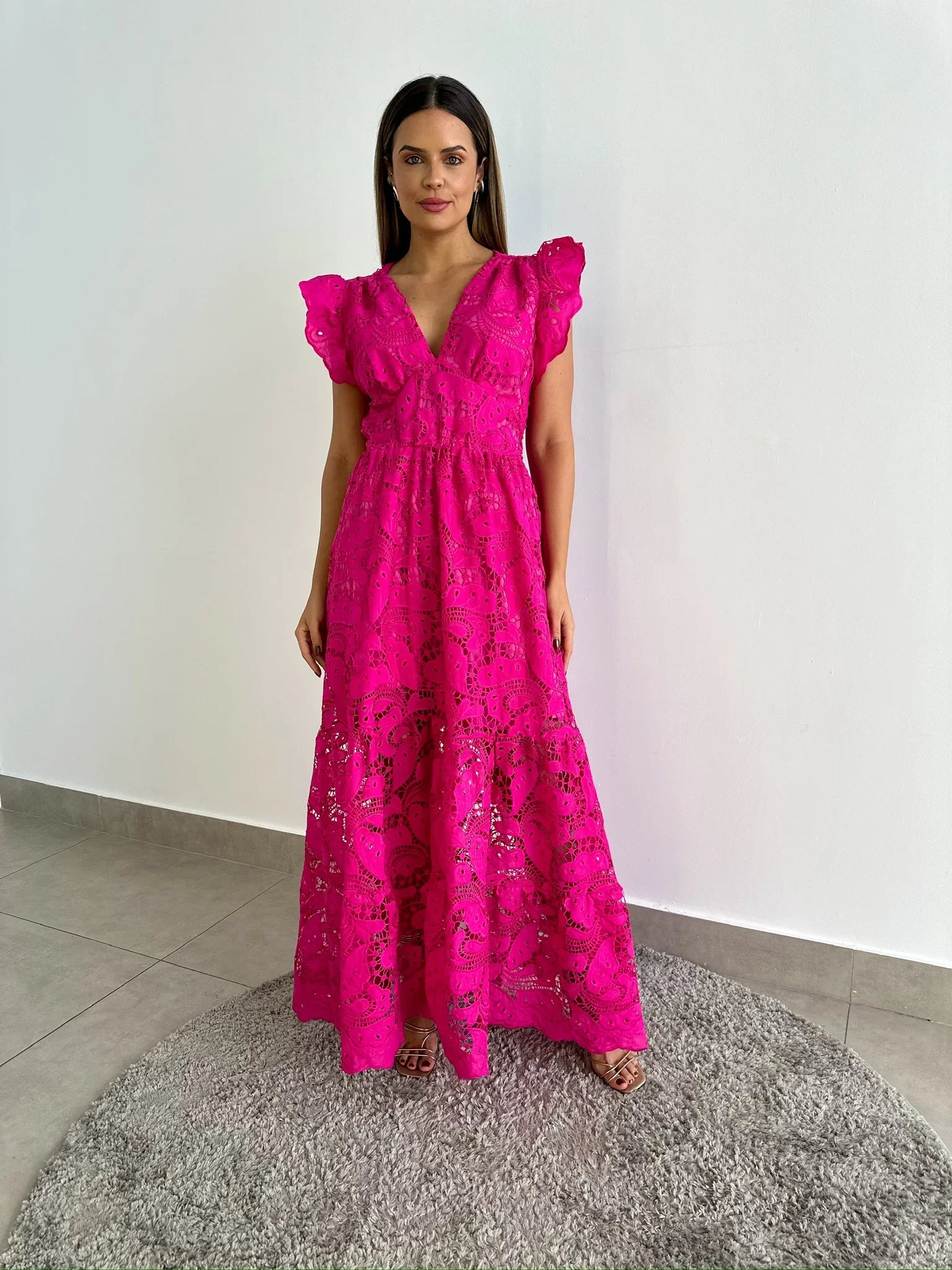 Vestido Glória Longo de Renda Pink