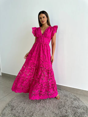 Vestido Glória Longo de Renda Pink