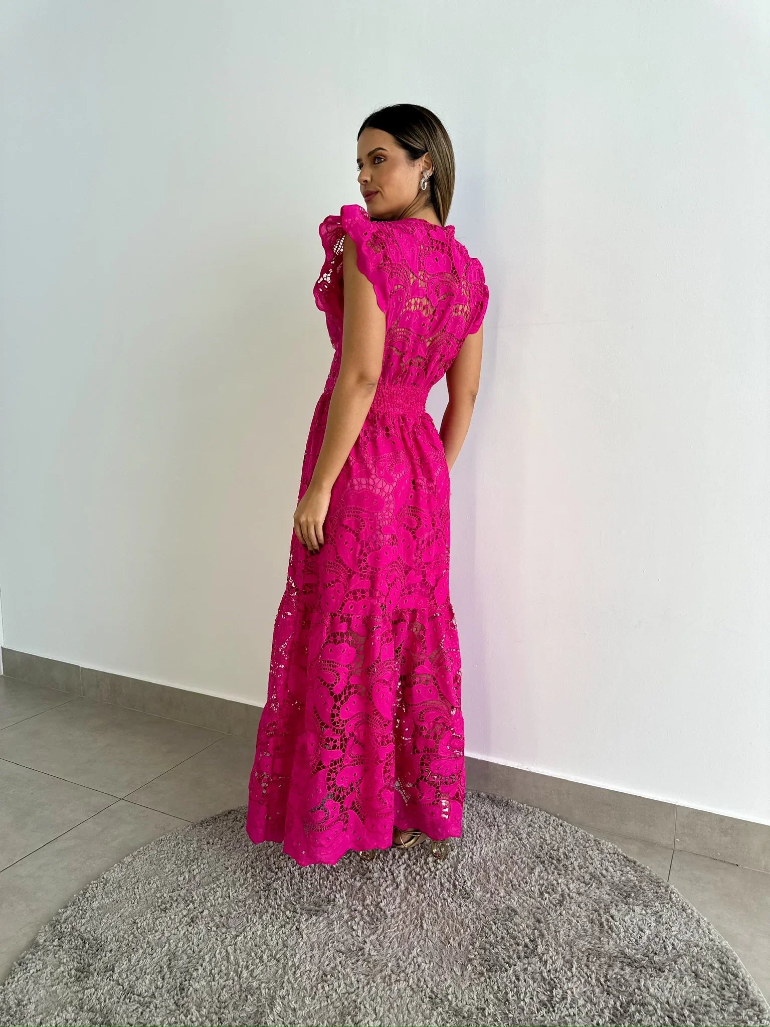 Vestido Glória Longo de Renda Pink