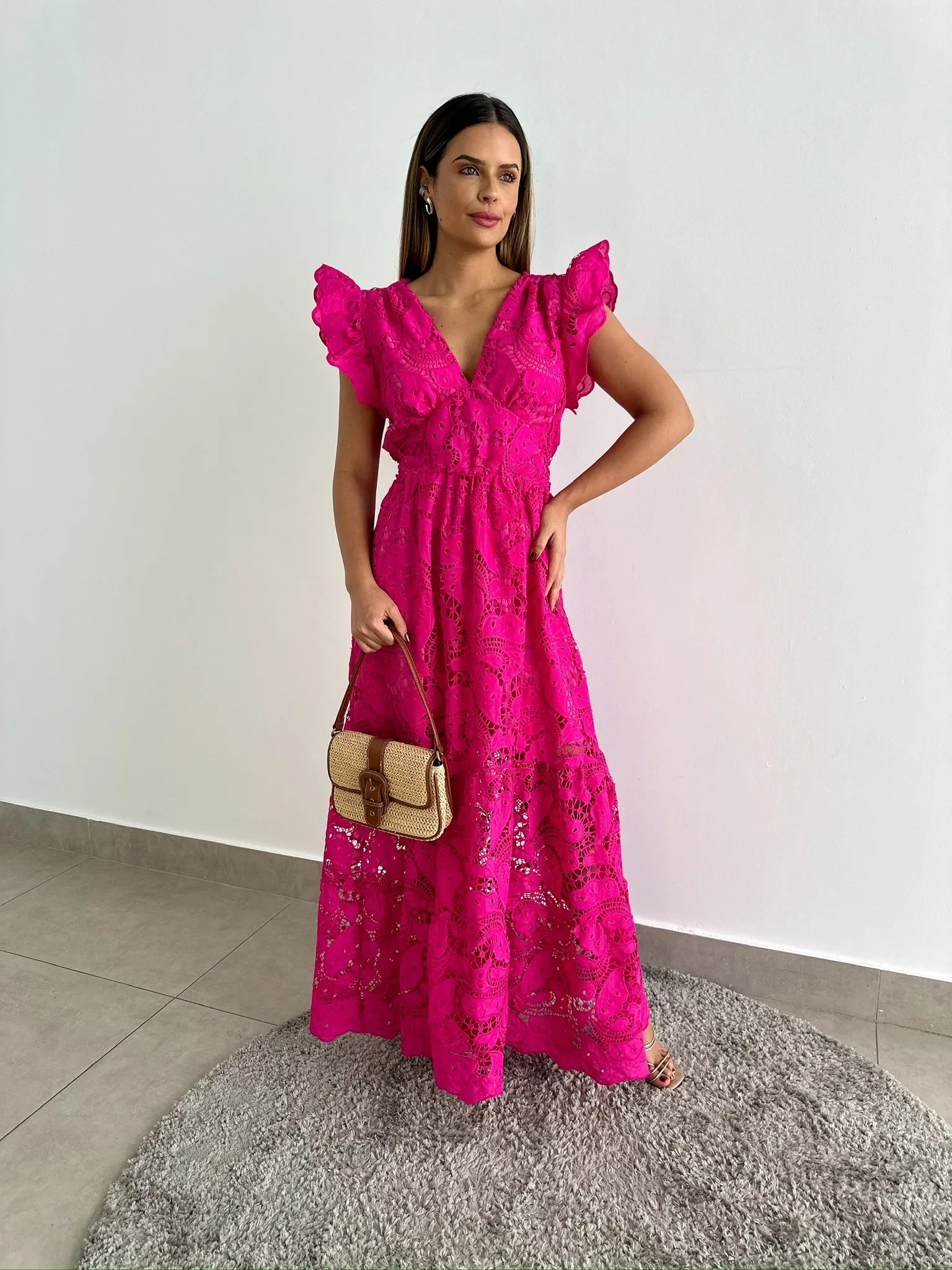 Vestido Glória Longo de Renda Pink