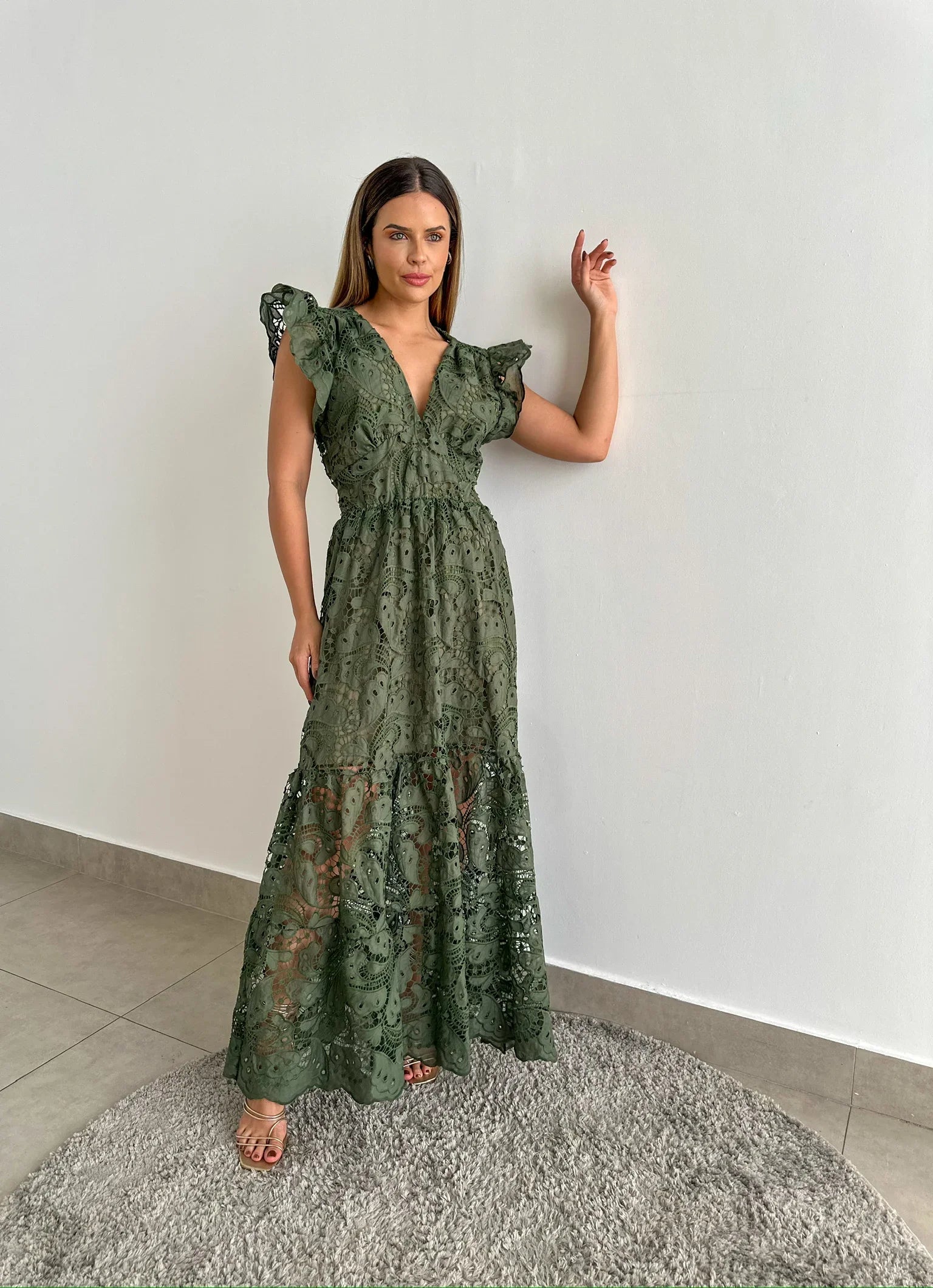 Vestido Glória Longo de Renda Verde Militar