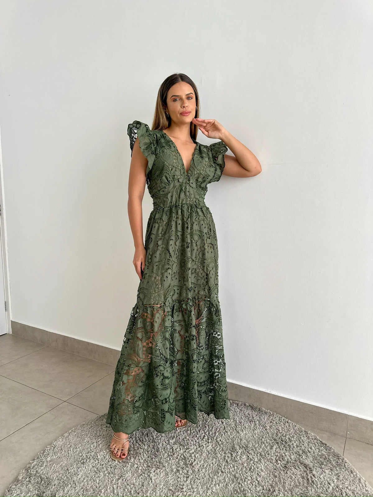 Vestido Glória Longo de Renda Verde Militar