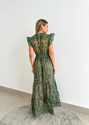 Vestido Glória Longo de Renda Verde Militar