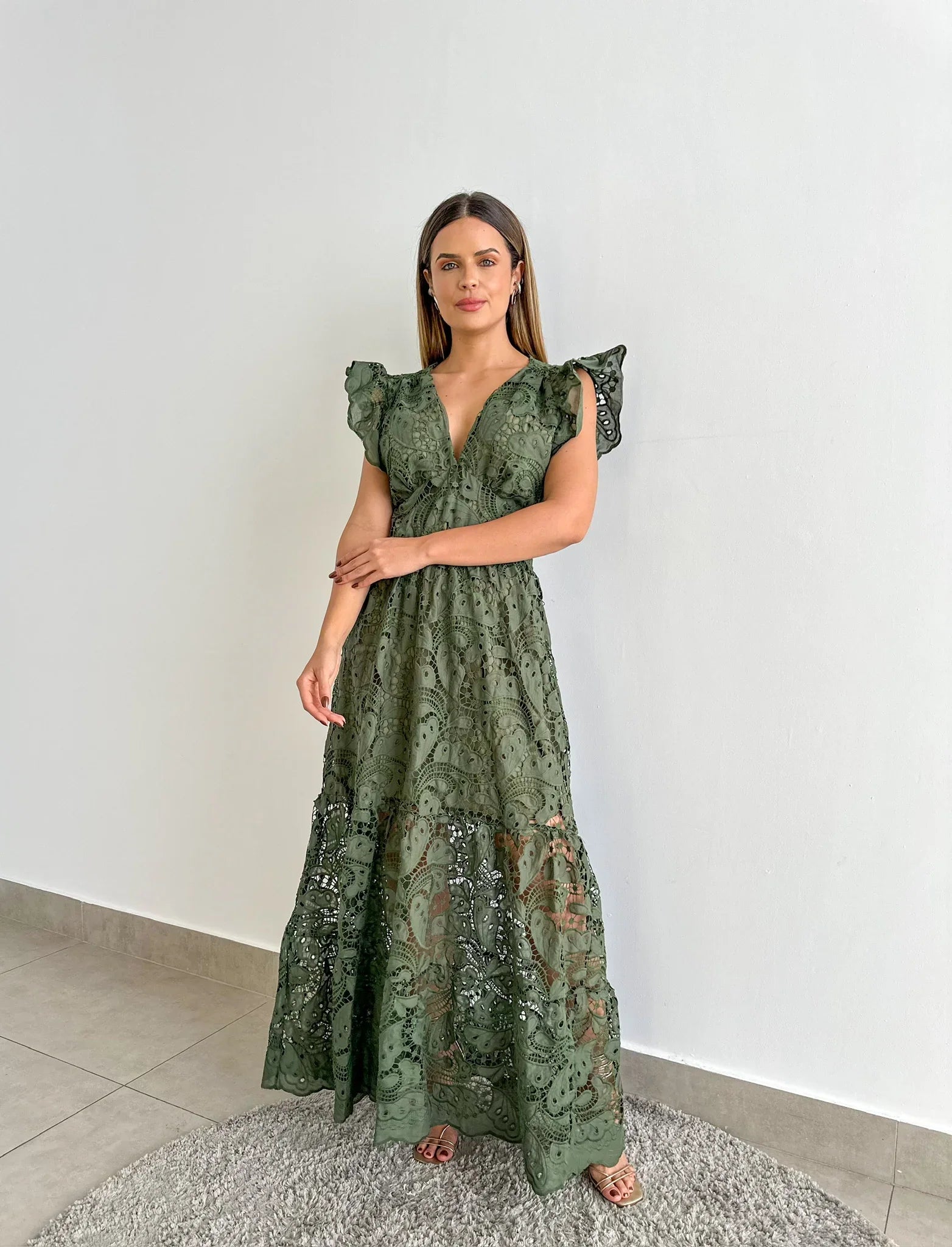 Vestido Glória Longo de Renda Verde Militar