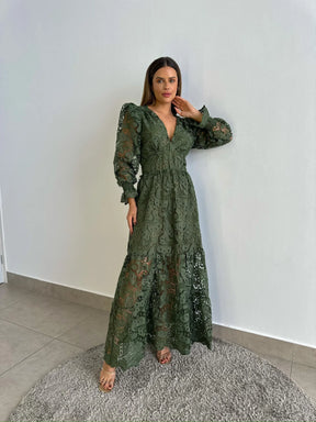 Vestido Glória Longo de Renda Manga Bufante Verde Militar