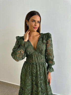 Vestido Glória Longo de Renda Manga Bufante Verde Militar