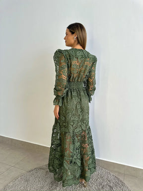 Vestido Glória Longo de Renda Manga Bufante Verde Militar