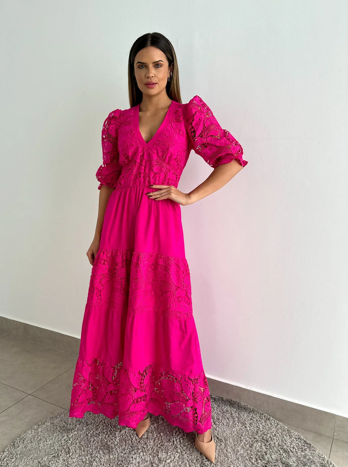 Vestido Madalena de Linho com Renda Pink