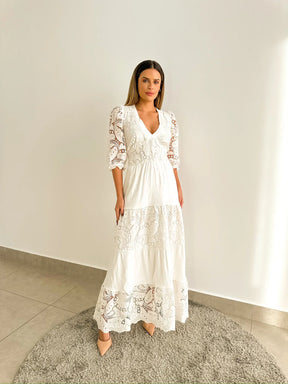 Vestido Madalena de Linho com Renda Branca