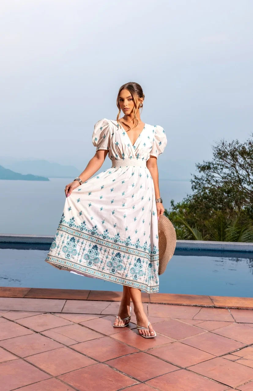 Vestido Agatha Bordado Branco com azul