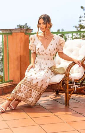 Vestido Agatha Bordado Branco com Dourado