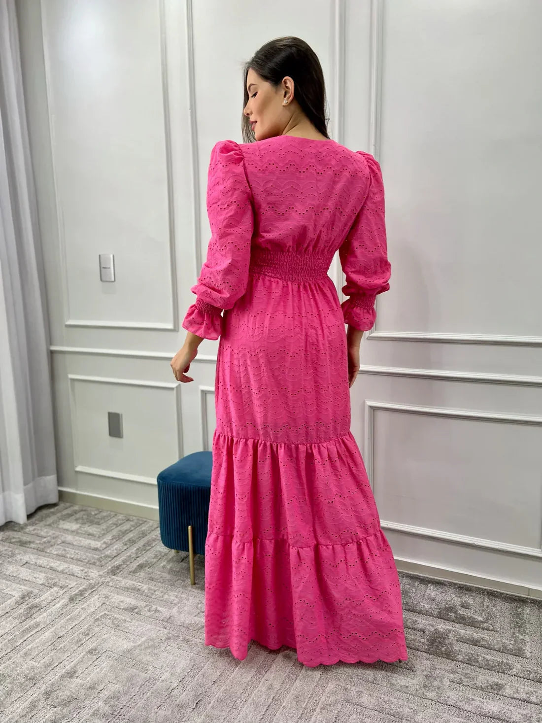 Vestido Pérola Longo de Laise Manga Bufante Pink