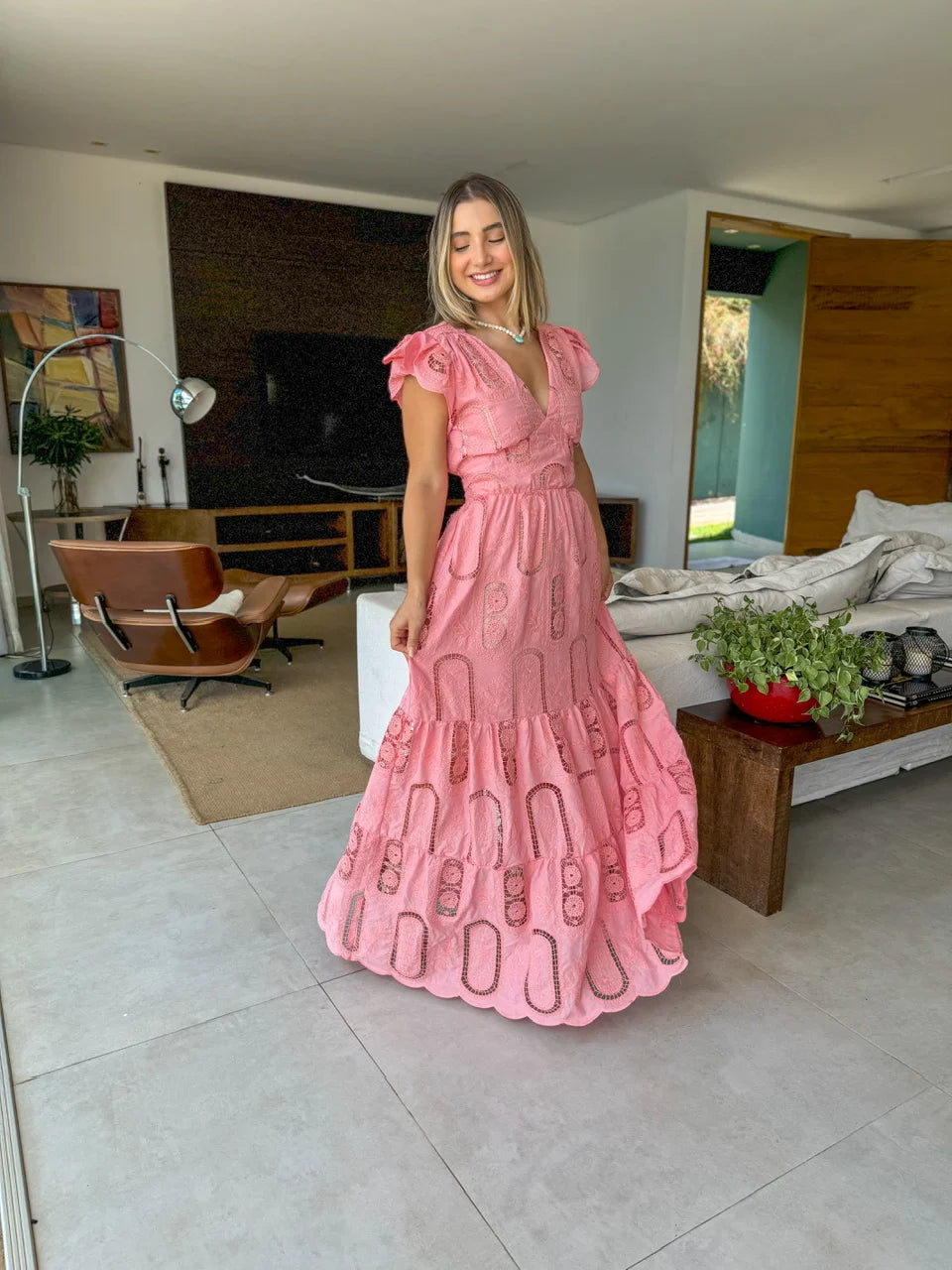 Vestido Glória Longo de Algodão Bordado Rosa Bloom