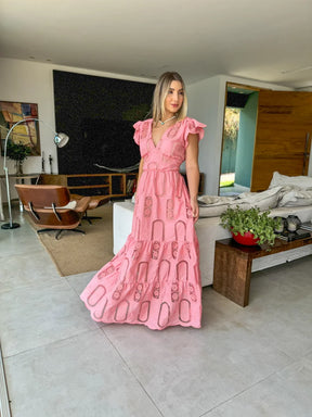 Vestido Glória Longo de Algodão Bordado Rosa Bloom