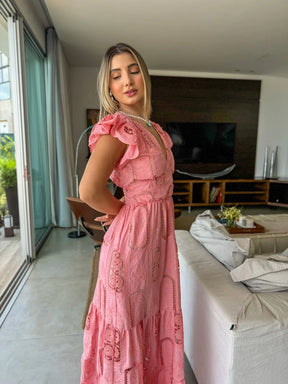 Vestido Glória Longo de Algodão Bordado Rosa Bloom