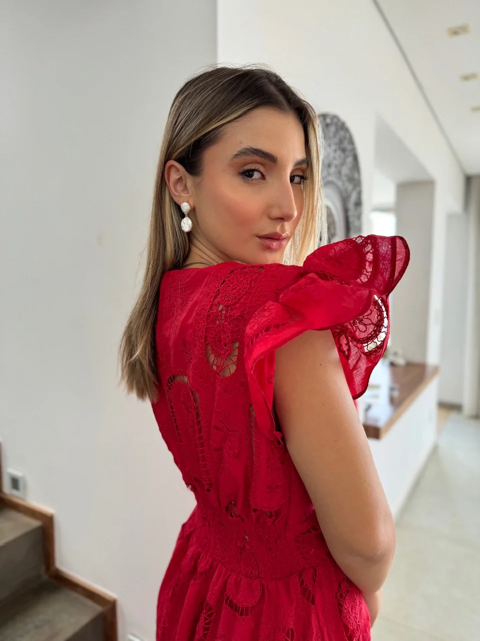 Vestido Glória Longo de Algodão Bordado Vermelho