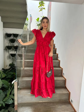 Vestido Glória Longo de Algodão Bordado Vermelho