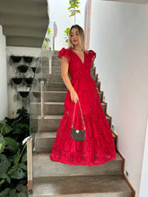 Vestido Glória Longo de Algodão Bordado Vermelho