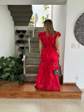 Vestido Glória Longo de Algodão Bordado Vermelho