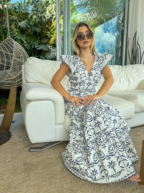 Vestido Glória Longo de Linho Bicolor Branco com Azul