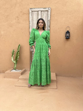 Vestido Pérola Longo de Laise Manga Bufante Verde Primavera