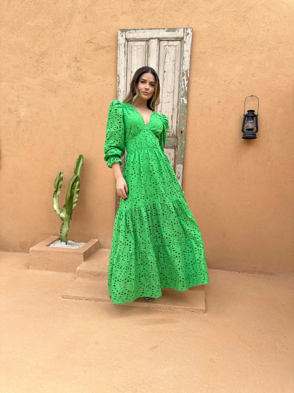 Vestido Pérola Longo de Laise Manga Bufante Verde Primavera