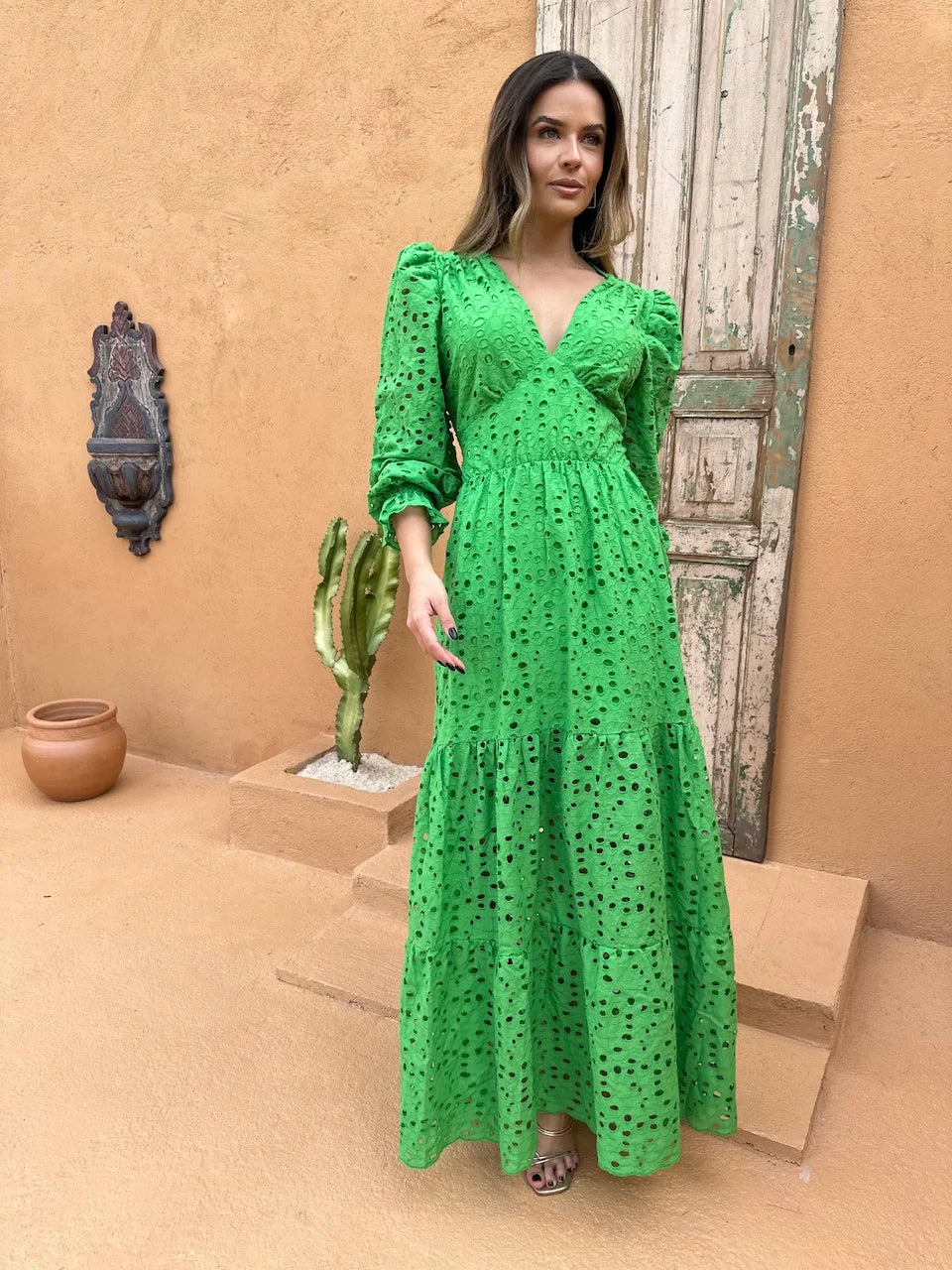 Vestido Pérola Longo de Laise Manga Bufante Verde Primavera