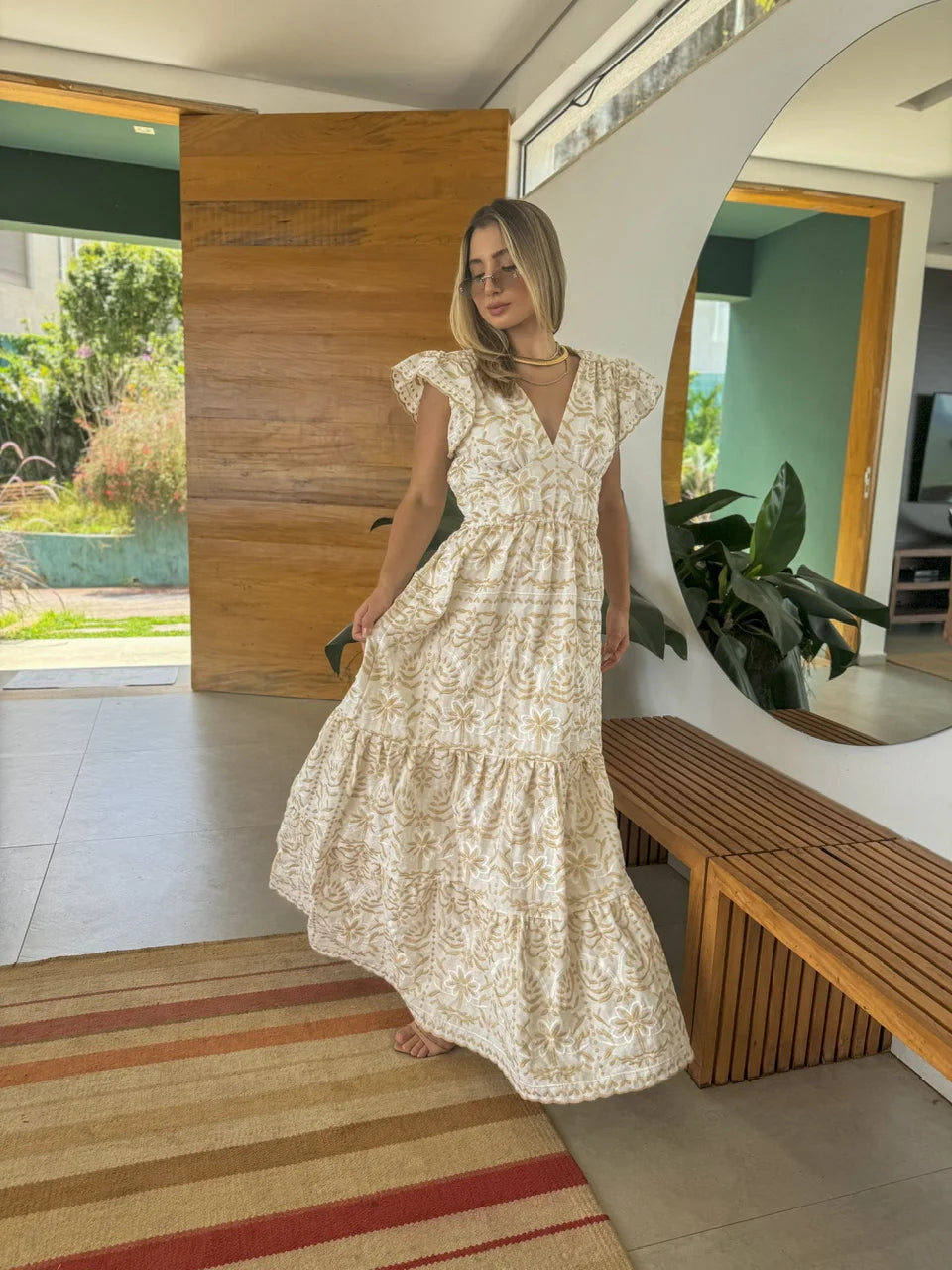 Vestido Glória Longo de Linho Bicolor Branco com Bege