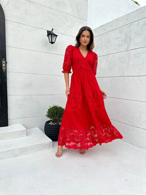 Vestido Madalena de Linho com Renda Vermelho