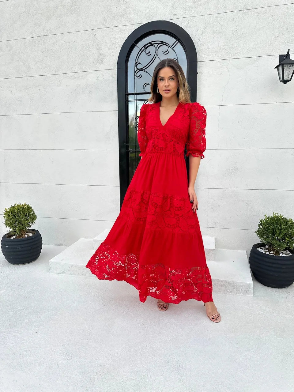 Vestido Madalena de Linho com Renda Vermelho