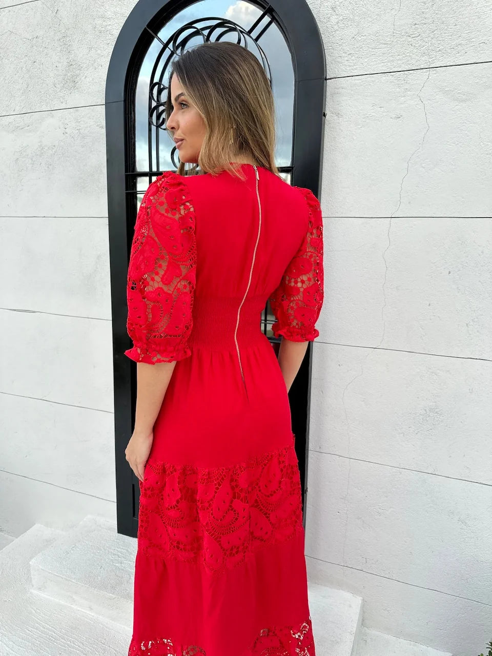 Vestido Madalena de Linho com Renda Vermelho