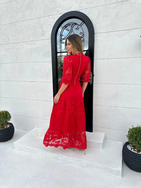 Vestido Madalena de Linho com Renda Vermelho